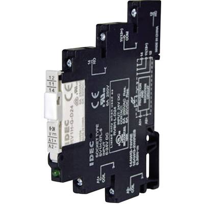 Black relay module with white terminal blocks and technical markings, including CE marking, by IDEC.