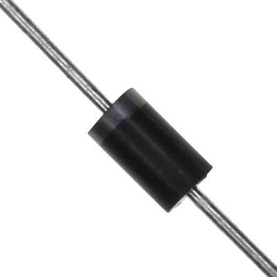 A black cylindrical diode body with two wire connections at both ends, on a white background.