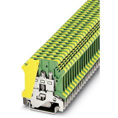 A stackable terminal block with yellow and green stripes, demonstrates a modular design for electrical connections.