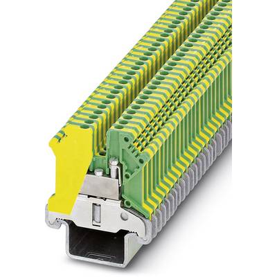 Row of yellow-green terminal blocks on a mounting rail, suitable for distributing electrical connections in control cabinets.