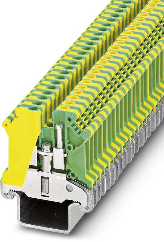 'Terminal block with yellow and green markings mounted on a metal rail, showing the internal connection mechanism.'