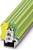 Green and yellow terminal block mounted on metal rail. Primarily used for electrical installations.
