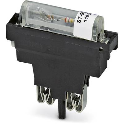 A black electronic component with a transparent case on top reveals a resistor and a diode. Two metal pins at the bottom.