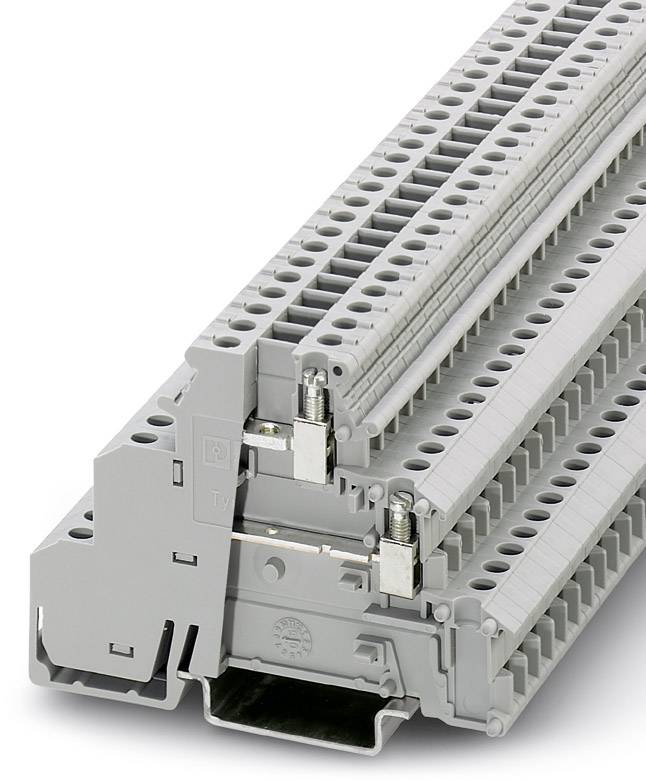 Grey-grey terminal block for mounting on DIN rails, with multiple connection options for wiring electrical components.