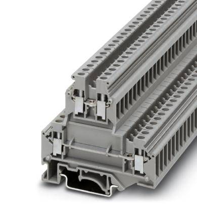 A grey, modular terminal block with multiple connection points, suitable for industrial or electrical applications.