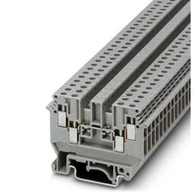 Grey multi-connection terminal block with multiple terminals and holes, suitable for electrical connections in control panel installations.