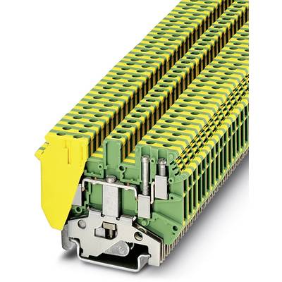 Multi-layered green and yellow terminal block for electrical connections, with metal components visible on the side.