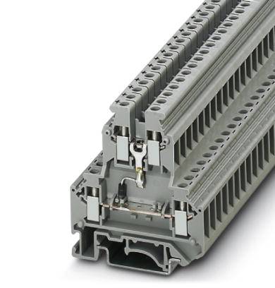Grey terminal block with multiple connection options, stackable for wiring electrical circuits in control cabinets.