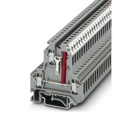 Row terminal block with multiple connection terminals, red cable inserted. Primarily used for electrical installations.