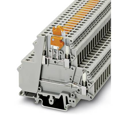 Grey terminal block with orange lever, for electrical wiring; shows detailed view of mounting and wiring connections.