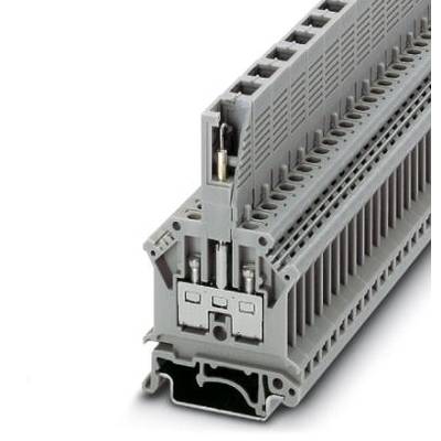Terminal block, grey, stackable modular design, with screw connections, for industrial use in electrical control cabinets.