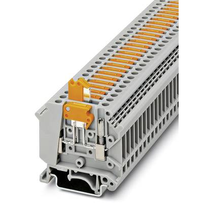 Grey electrical terminal block system with multiple orange levers for cable securing, showing a cross-section of the internal structure.