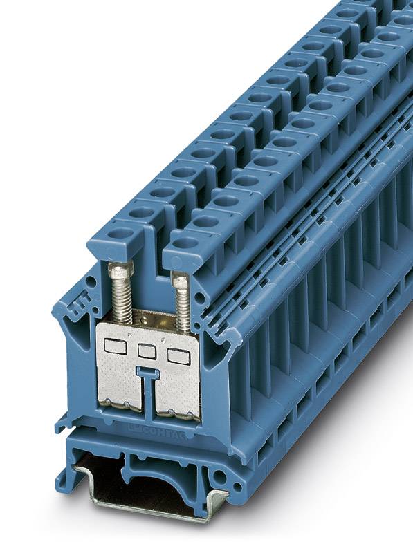 Blue multi-storey electrical terminal block with metal screws for mounting on a rail, for industrial applications.