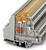 A stack of grey, modular terminal blocks with orange elements used for electrical connections.