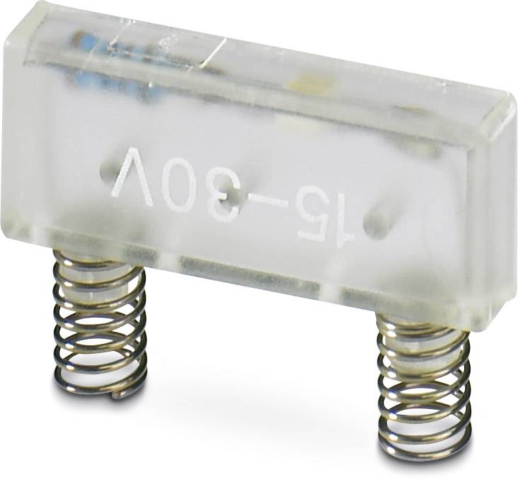 A rectangular, transparent electrical resistor with the marking '15-30V', mounted on two spiral springs.
