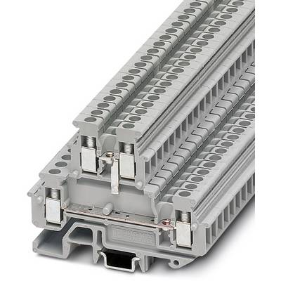 A grey terminal block with multiple connection segments, used in electrical wiring for securing cables.
