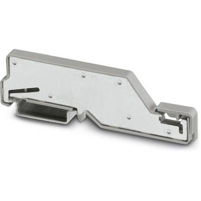 A grey component made of metal and plastic, shaped like a flat, angled piece with openings and recesses.