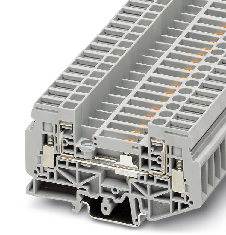 Grey-white terminal block with side opening for cable connection, suitable for electrical control panels.