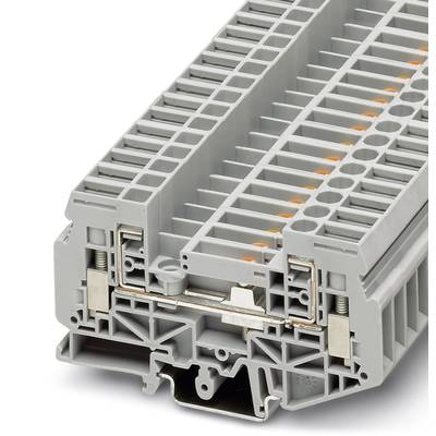 Grey-white terminal block with side opening for cable connection, suitable for electrical control panels.