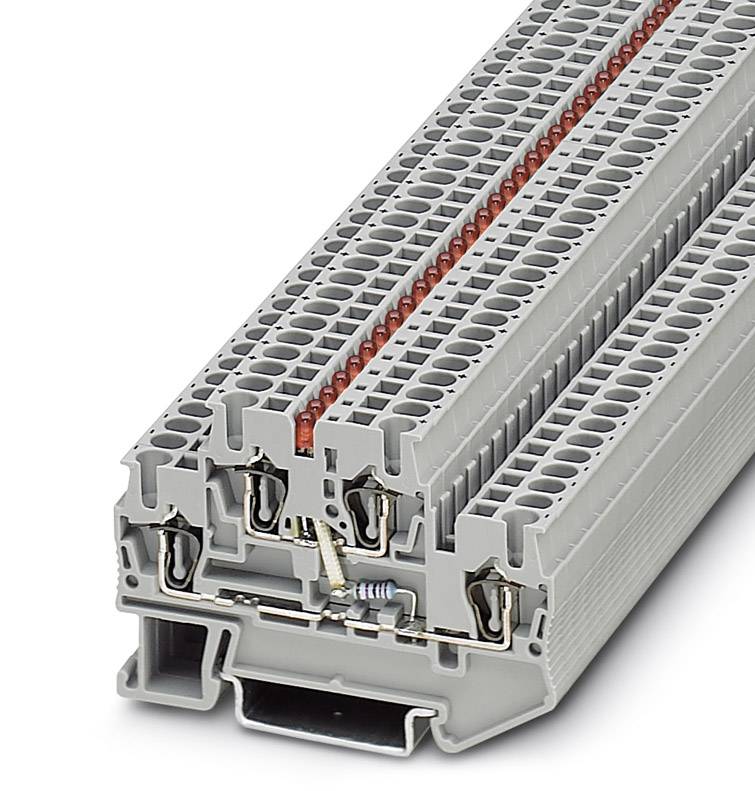 Grey modular terminal block with multiple levels and screw connections, demonstrating wiring possibilities in industrial applications.