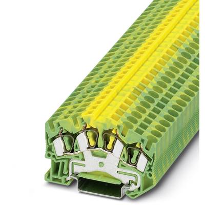 Terminal block in yellow and green, showing internal metal connections and insulation. Used in electrical installations for wire connection.