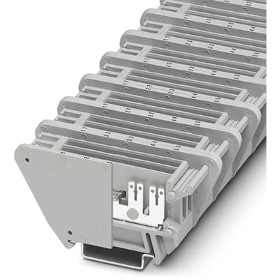 Grey modular terminal block for electrical wiring, showing multiple connections and a rail for mounting, suitable for control panels.