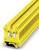 Yellow terminal block with metal contacts and plastic housing, suitable for electrical wiring in control panels.