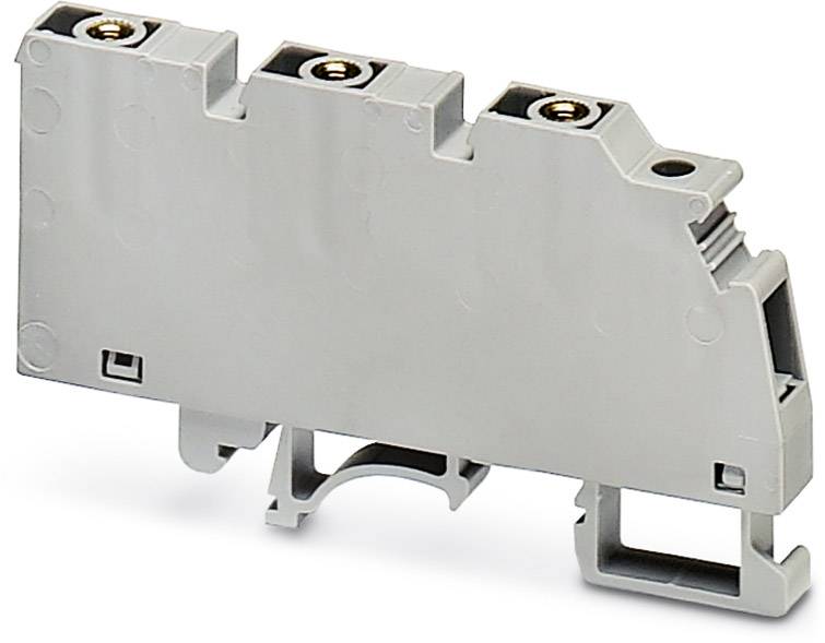 A grey terminal block, designed for mounting on a DIN rail, shows three contacts on its top surface.
