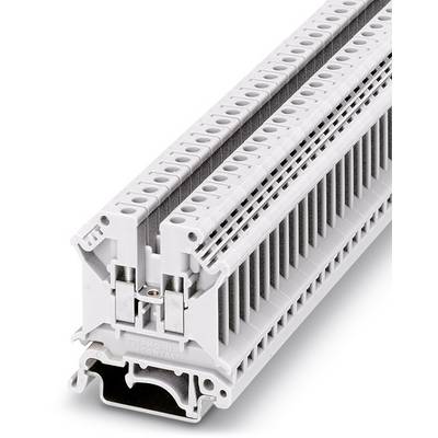 A grey plastic terminal block with multiple connection options, for securing electrical wires on a DIN rail.