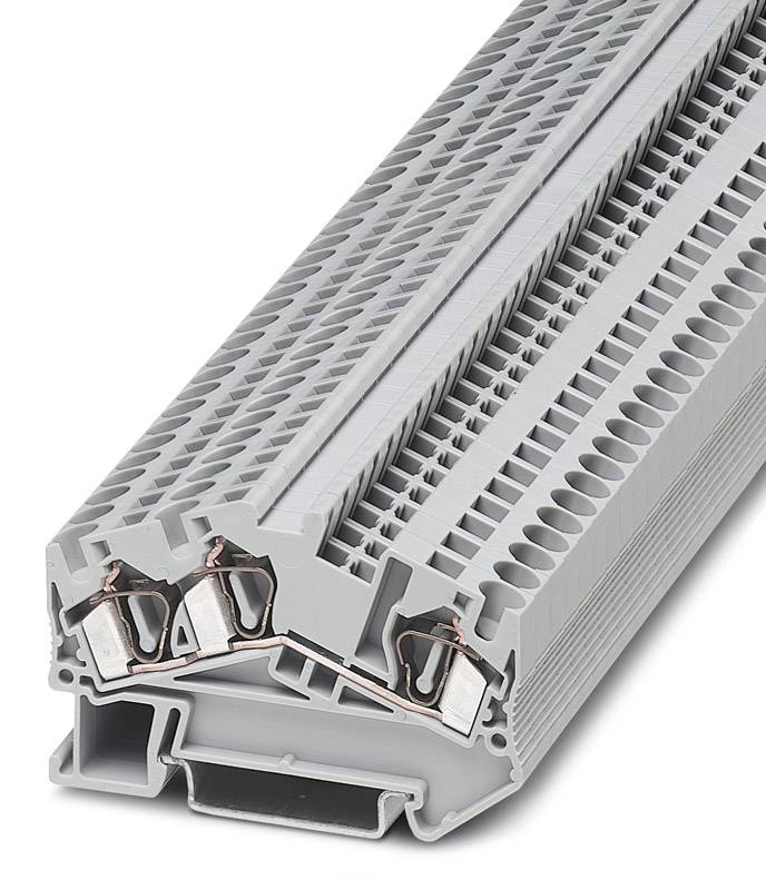 Grey electrical terminal block with double clamping ranges, enables secure connection and wiring of multiple cables.