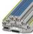 Electrical terminal strip with multiple connection elements in various colours, primarily grey, blue and yellow-green.