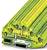 Green and yellow terminal blocks, stacked and ready for installation in electrical control cabinets.