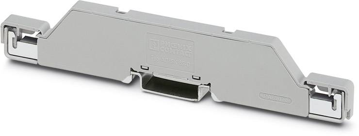A grey end holder for mounting on a DIN rail, used in electrical or electronic installations.