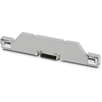A grey end holder for mounting on a DIN rail, used in electrical or electronic installations.
