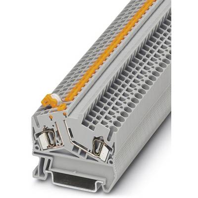 Grey modular terminal block with orange sliding switches and multiple connections. Used in electrical circuits.