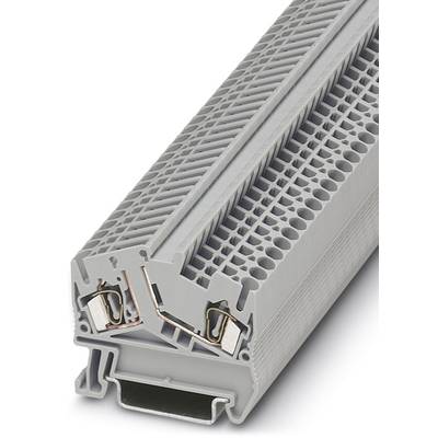 Cross-section of a grey electrical terminal block with multiple connection terminals and wire guides.