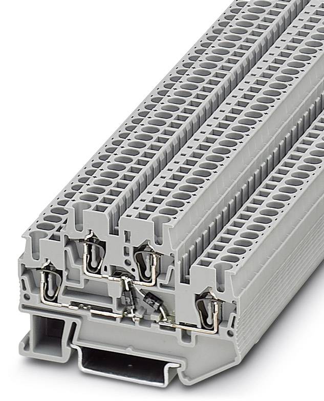 A stack of grey terminal blocks on a metal rail, used for connecting electrical wires in control cabinets.