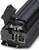 An opened, black printer toner cartridge. Internal components and electrical connections are visible. No hands or tools are in view.