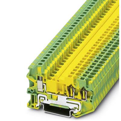 Yellow-green terminal block, suitable for mounting on DIN rails in electrical control cabinets, demonstrates a wired connection solution.
