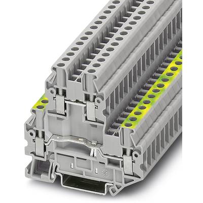 'Grey terminal block with multiple connection points, diagonal view. Current distribution in electrical installations.'