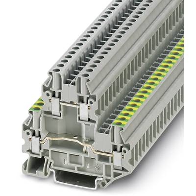 Multi-storey grey terminal block with yellow-green marking, two-layer, for secure connection of electrical conductors in distribution cabinets.