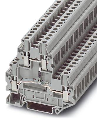 Grey terminal block with multiple connection points, stackable and modular, for use in electrical distribution cabinets.