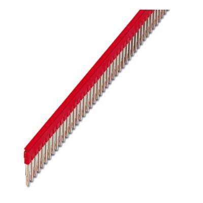 Electronic pin header with a red plastic housing and numerous metal pins, used in electronic devices for connection.