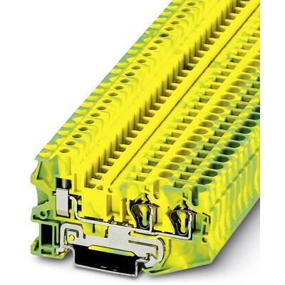 Yellow-green electrical terminal block with multiple terminals, suitable for mounting on a DIN rail in control cabinets.