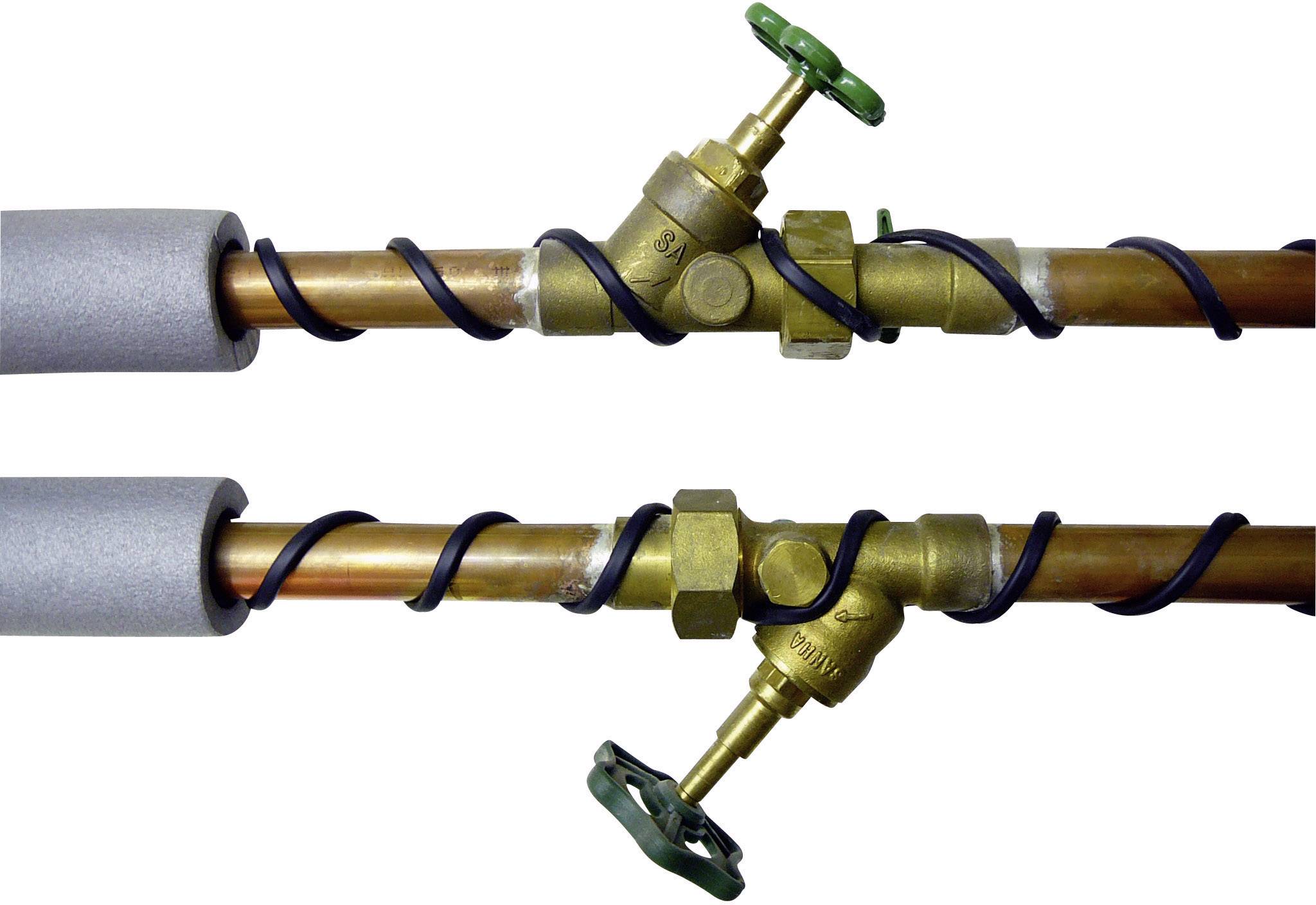 Two copper pipes with green valves and black-wrapped insulation material next to grey foam insulation. Upper pipe slightly open.