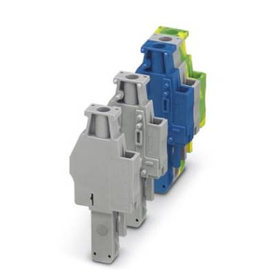 Three electrical terminal blocks in different colours (grey, blue, green-yellow) stand vertically in a row behind one another.