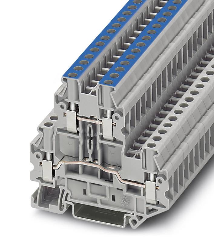 Grey terminal block with blue and grey levels, suitable for electrical installations and wiring in control cabinets.