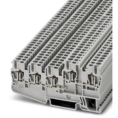 Grey stacked terminal blocks with multiple connections, used in electrical control panels for safe and efficient connections.