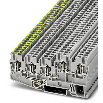 A stack of grey terminal blocks with yellow and green markings on the top surface, used for electrical connections.