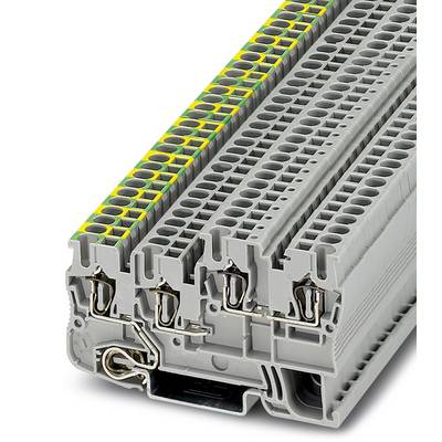 Grey terminal block with a yellow-green marking on top. Multi-level design enables space-saving wiring in electrical control cabinets.